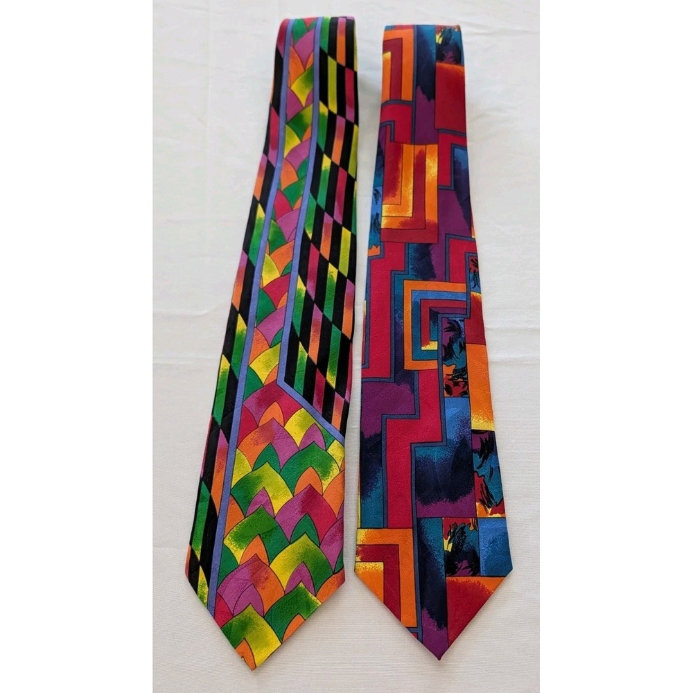 Lot 2 Vintage Andrea Visconti Italy Silk Ties Abstract Geometric Art Deco 90s